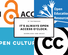 Image showing various 'Open' related logos, with text "IP Textbooks. It's always Open Access O'Clock. Download and Enjoy"