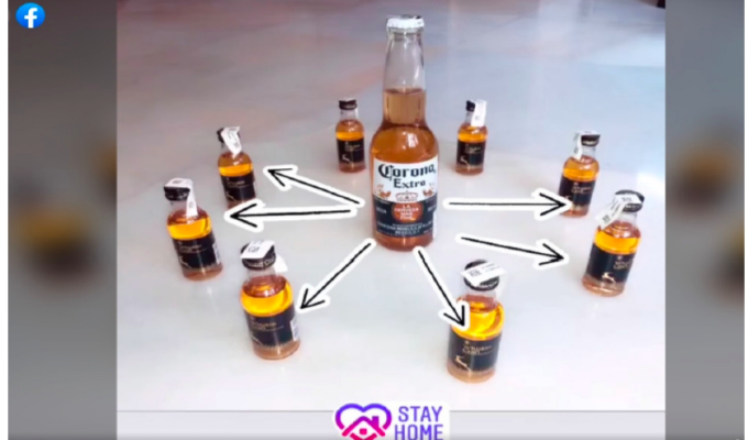 a “Corona Extra'' labelled bottle is in the middle of eight circumscribing small bottles of another product, with arrows emitting from the Corona Extra labelled bottle and words “Stay home” inscribed below. In fact, in the ‘advertisement’, the defendants products are not even distinguishable as belonging to the defendant.