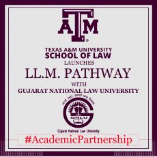 Texas A&M University Logo together with GNLU logo, with the words #AcademicPartnership below