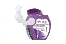 Pic of AirFluSal container, also in purple and pink colour scheme, but slightly different shape