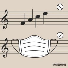 Image showing music sheet with musical notes in the first line and a mask in the second line.  