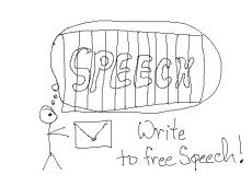 Image of "speech" in jail bars, and a stick figure writing a letter, with the words "Write to Free Speech"