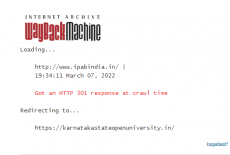 Internet Archive's Wayback machine (which archives pages across the internet) showing an "HTTP 301" error, and redirecting the page to a website that seems to belong to karnataka state open university