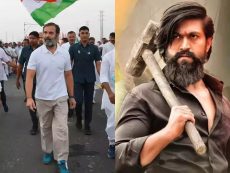 A split image showing Congress leader Rahul Gandhi and a still from the movie KGF 2