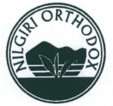 Cirtification mark for Nilgiri Orthodox tea. It depicts a growing tea leaf in the middle with the words "Nilgiri Orthodox" circumscribing it in semicircular format. 
