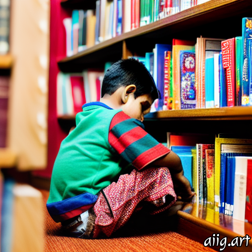 picture of boy sitting at the bottom of a book shelf