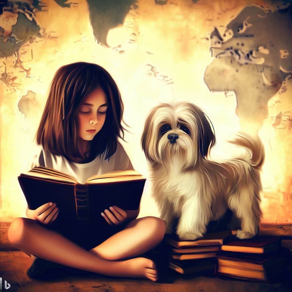 An Image of a girl reading a book, in front of a world map, with a dog next to her. 
