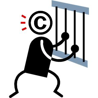 Am image of a cartoon with copyright "C" logo as his head lodged inside a prison. 