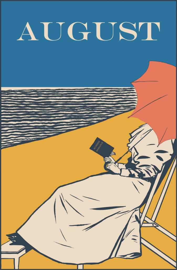 Word "August" on top of a scene depicting a beach with a person, sitting on a chair, reading a book under an umbrella. 