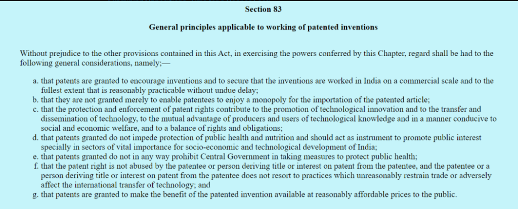 Reproduces Section 83 of the Patents Act, titled "General principles applicable to working of patented inventions"