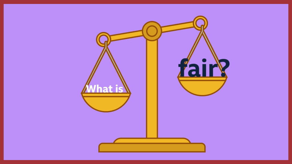 An illustration of a weighing scale with "what is" written on one end and "fair?" written on the other.